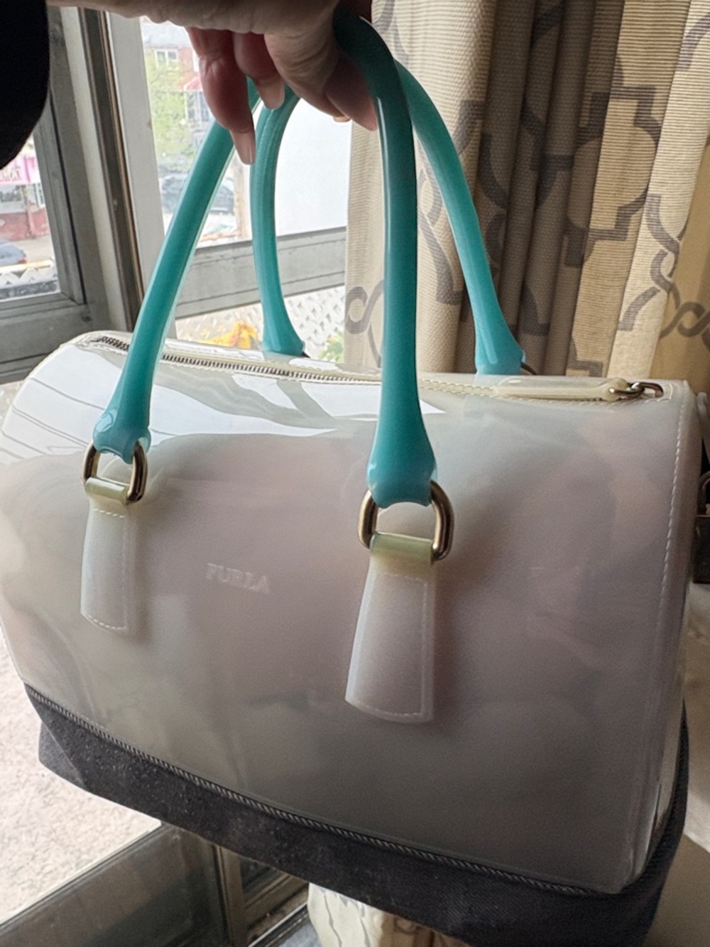 FURLA Jelly White Satchel with Turquoise Handles and Gray Base  Excellent